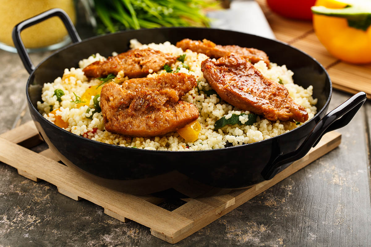 Stockfoto - Couscous with fried veggies and soy meat